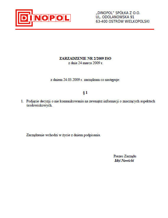 DINOPOL - zarządzenie 2/2009 ISO